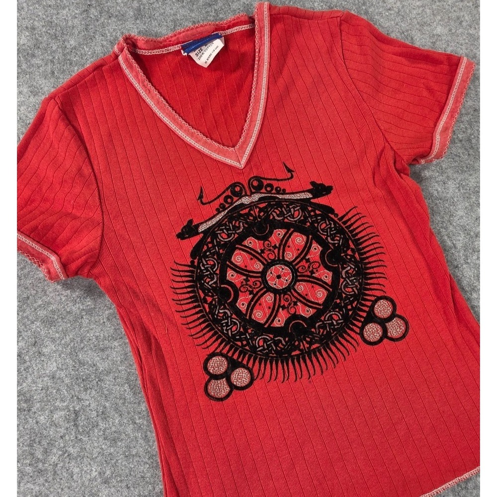 VTG Womens Z Cavaricci Red Graphic Top Shirt Size Med Ribbed V Neck Made in USA